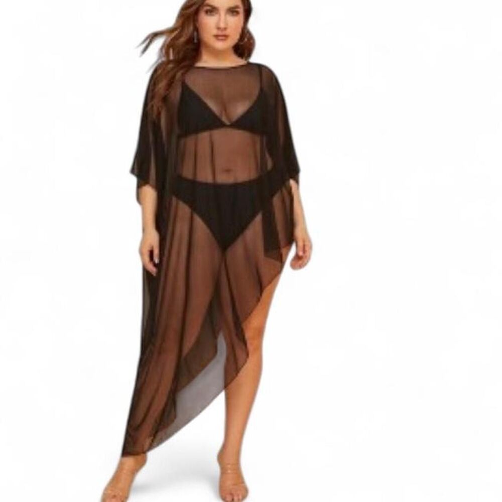 Plus Size Black Sheer Mesh Swim Cover Up Kaftan 4X NWOT Beach Goddess